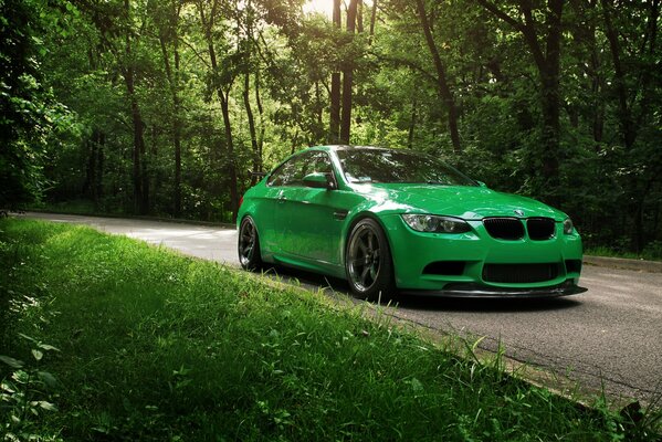 Coche verde en la carretera en el bosque