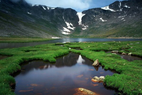 Przyroda, jezioro w górach. Rzeka
