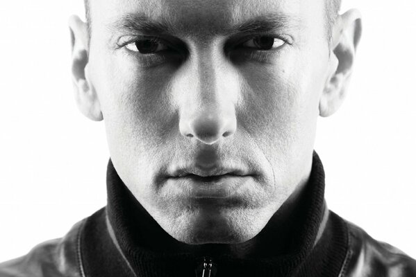 Black and white portrait of rapper Eminem