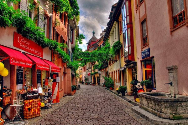 Una calle en Suiza con un pavimento de adoquines, tiendas y una fuente