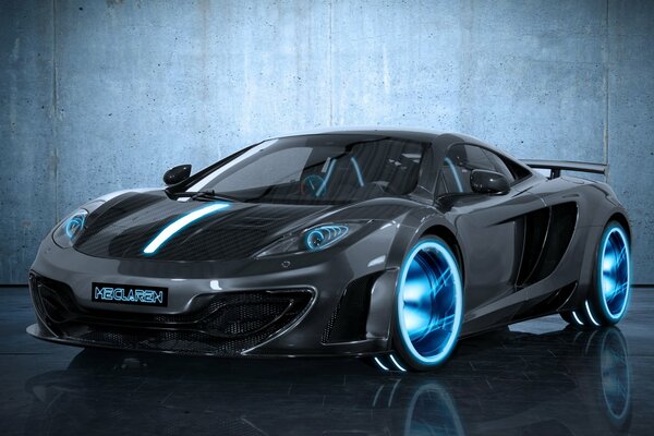 Black sports car with blue swirling decorative elements