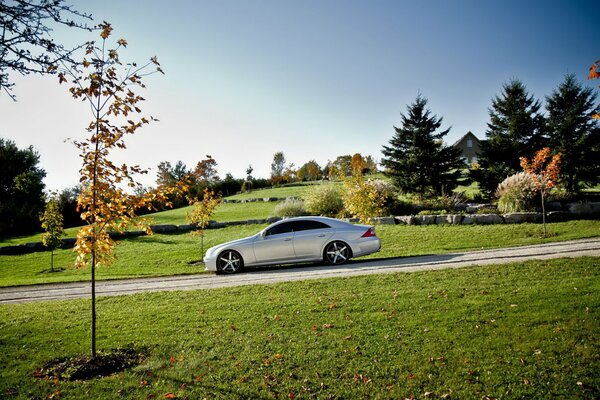 Lieber getunter Mercedes benz in der Natur in der Nähe der Straße