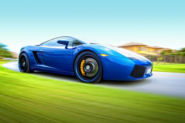The blue Lamborghini is going fast
