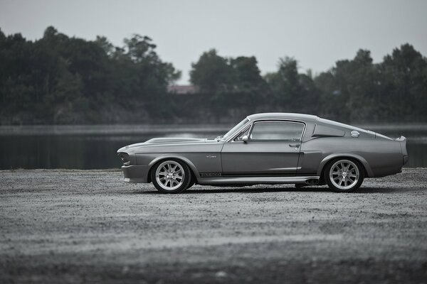 Shelbys grauer Ford Mustang GT500 steht auf dem Kies
