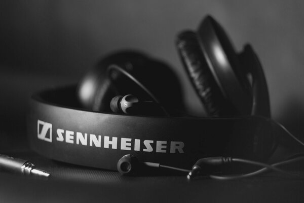 Black and white image of sennheiser headphones