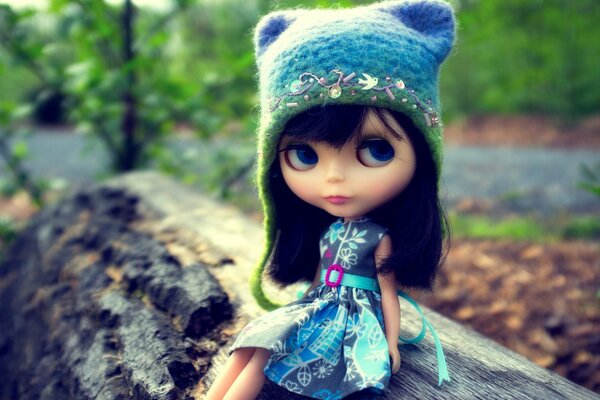 Beautiful toy doll, sitting on a log in a hat and dress, big eyes