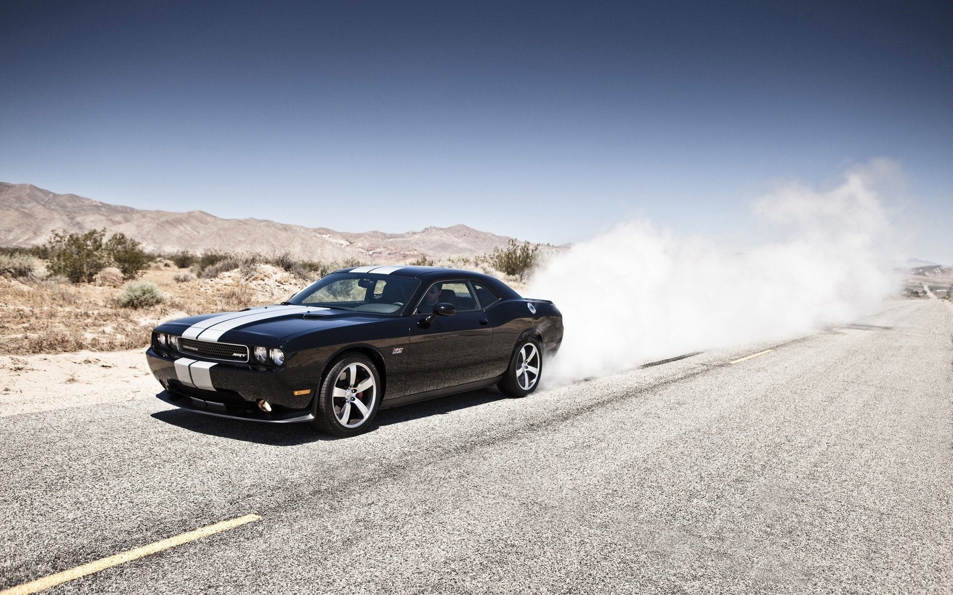 dodge challenger srt8 black dodge challenger sports stripes burning rubber smoke desert mountain