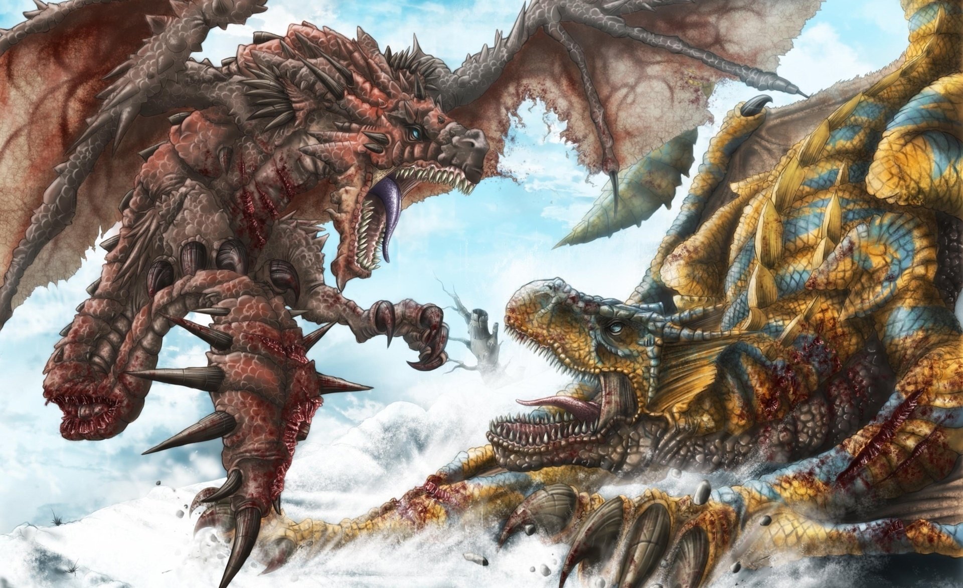 arte dragones nieve sangre espinas batalla heridas fauces