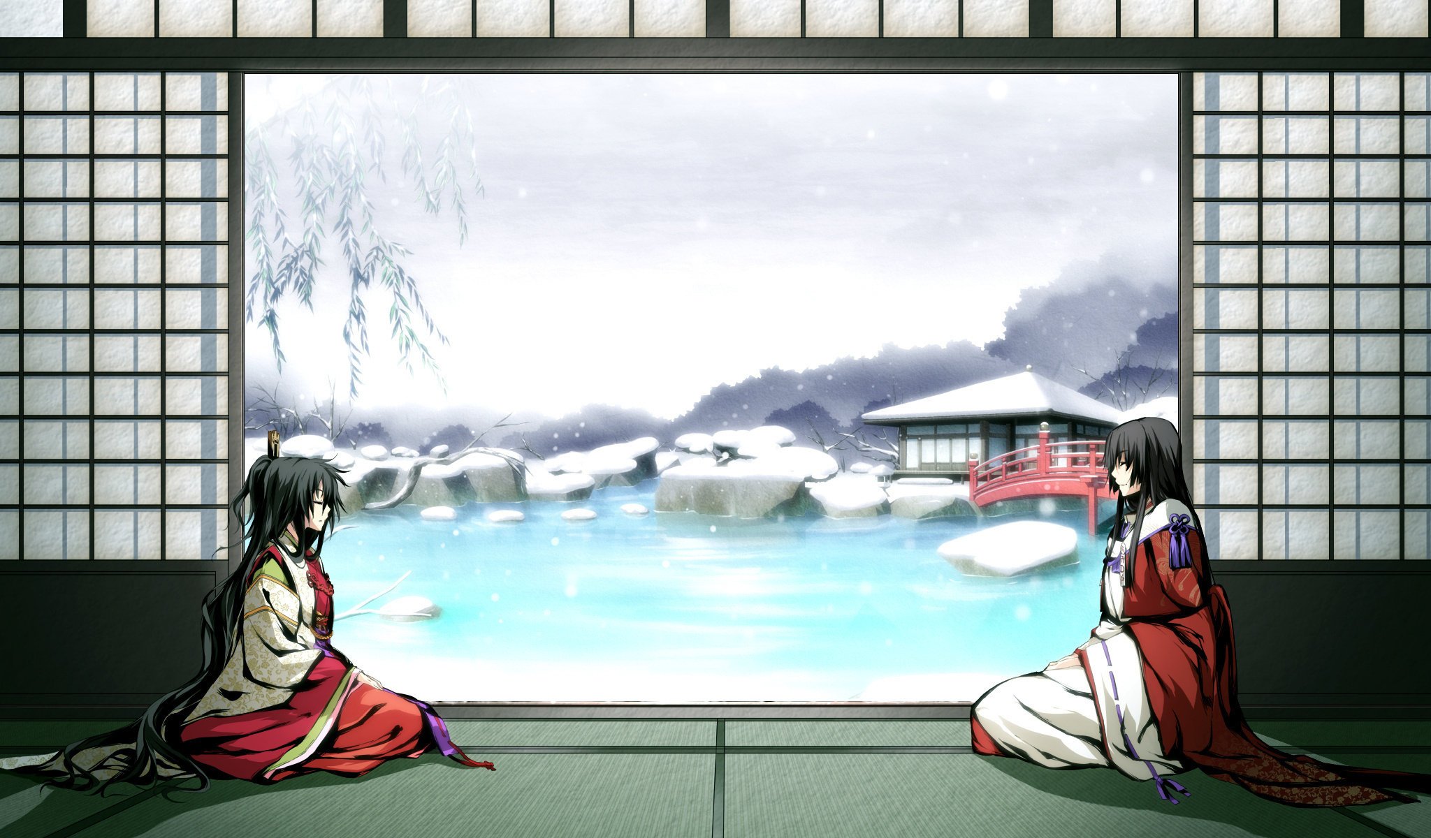 g yuusuke ponte gioco stagno ragazze neve kimono inverno