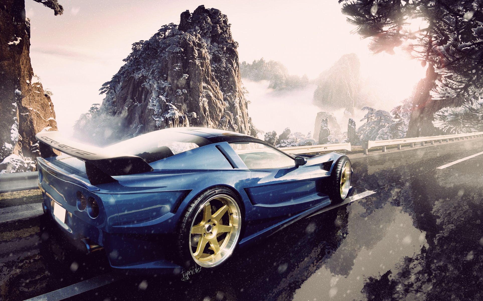 chevrolet corvette route neige montagne