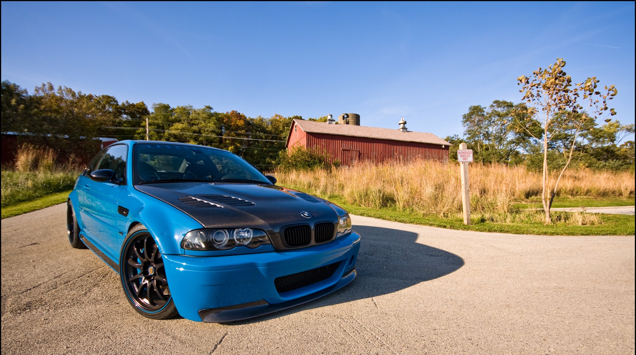 bmw m3 e46 blu bmw blu cofano fibra di carbonio strada di campagna