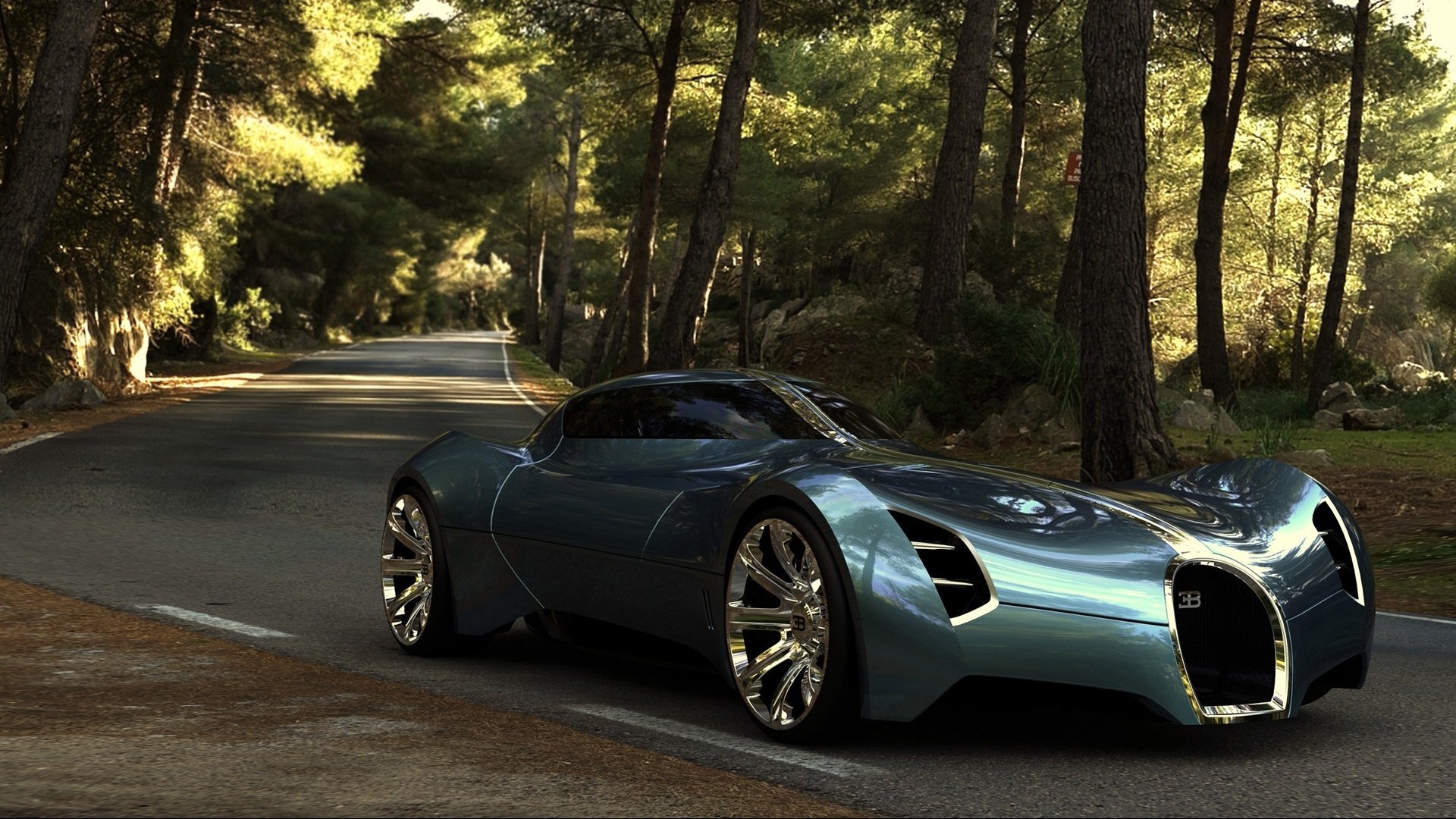 bugatti aerolithe concetto 2025 strada foresta