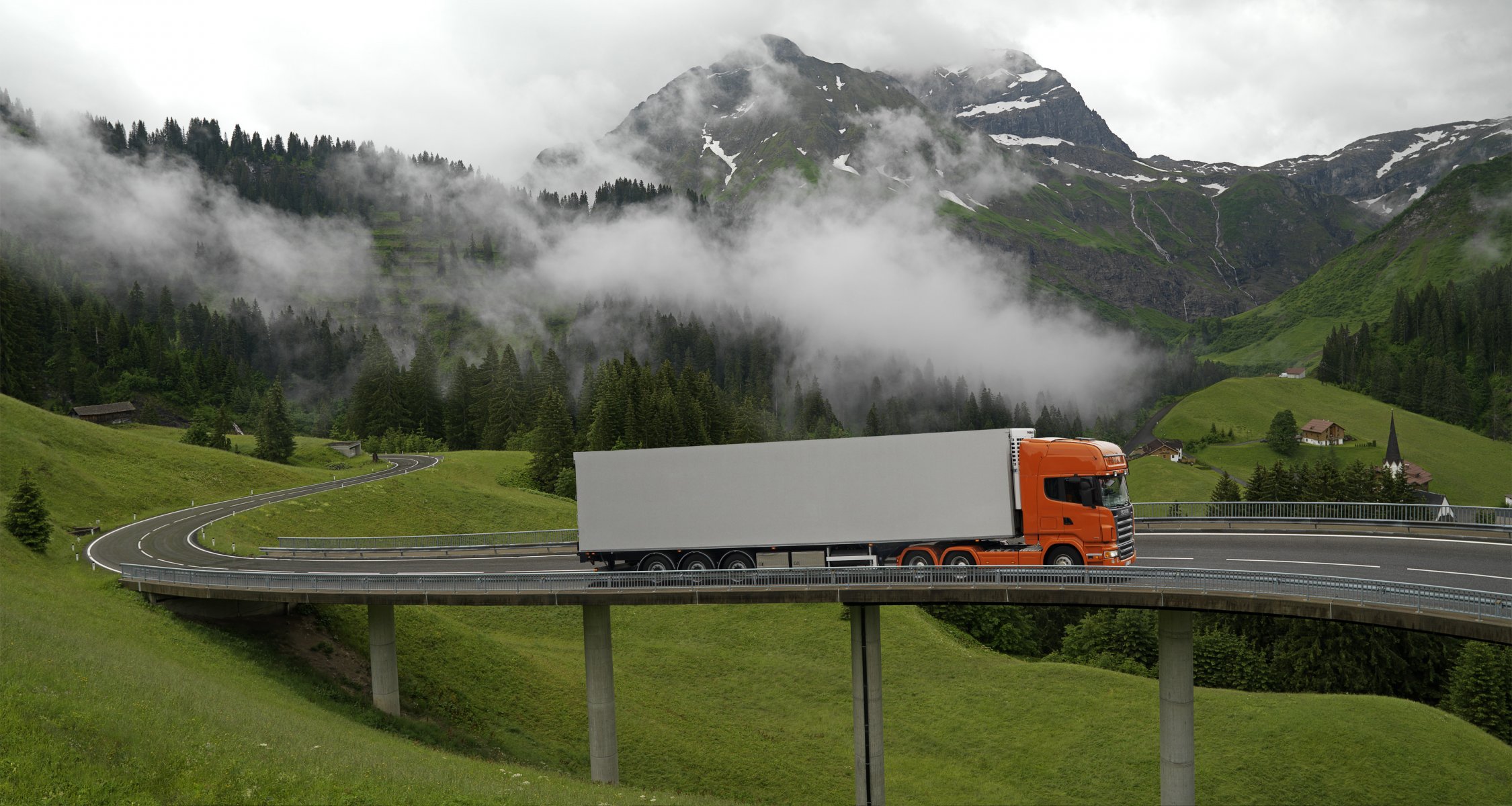 cania r500 famous truck scania orange tractor semi-trailer refrigerator bridge nature mountains grass cloud