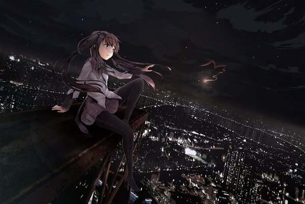 Akemi homura above the night city and under the starry sky