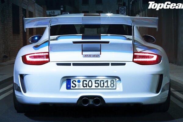 Rear view of a white Porsche supercar