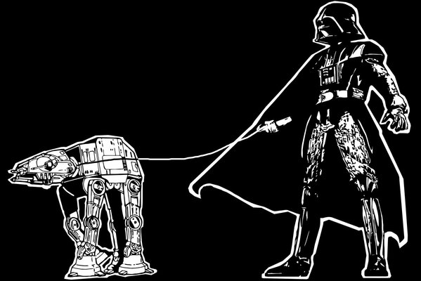 Disegno in bianco e nero di Darth Vader con guinzaglio