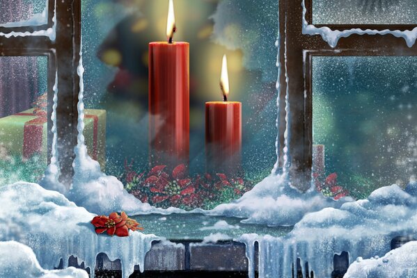 Red candles outside the window in winter