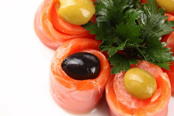 Red fish roll with olives and olives