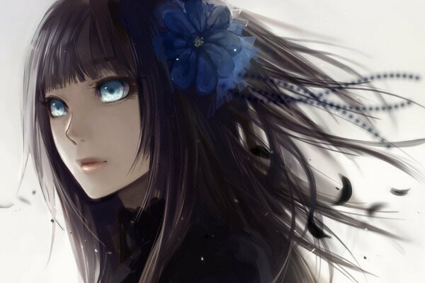 Anime fille avec une fleur dans les cheveux noirs
