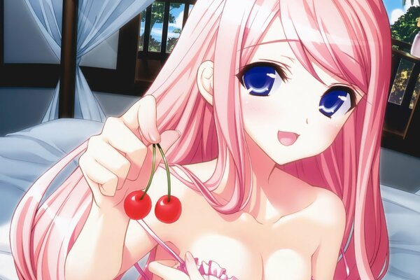 Anime fille avec des gros seins, des cheveux roses et des baies de cerise à la main