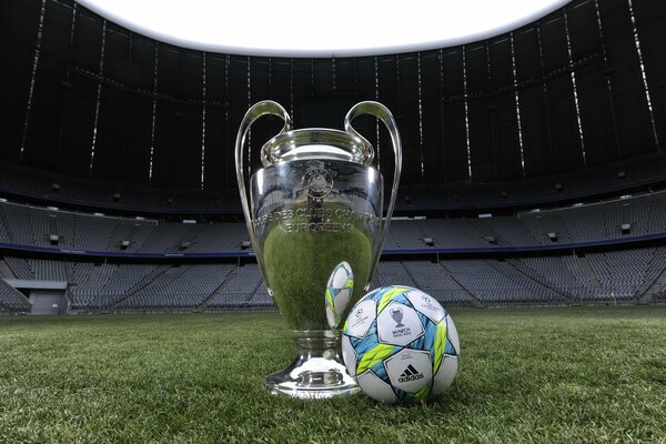 Pokal mit Ball auf dem Fußballplatz des Führers