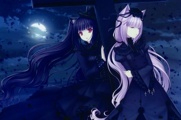 Two anime girls in the moonlight
