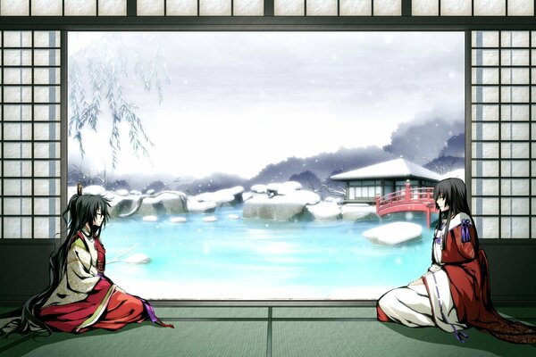 Dos chicas en un kimono en el fondo de un lago y un puente