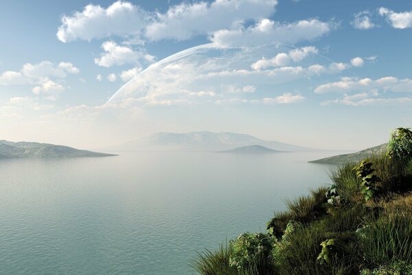 Landscape of an azure pond with a blue sky