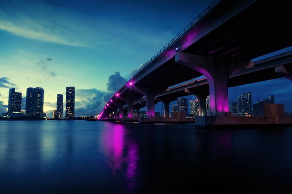 Evening bridge with crimson lights over the water