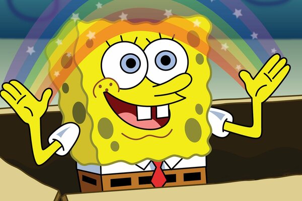 SpongeBob draws a rainbow with his hands