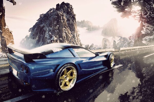 Blue chevrolet, corvette on a snowy road with mountain views