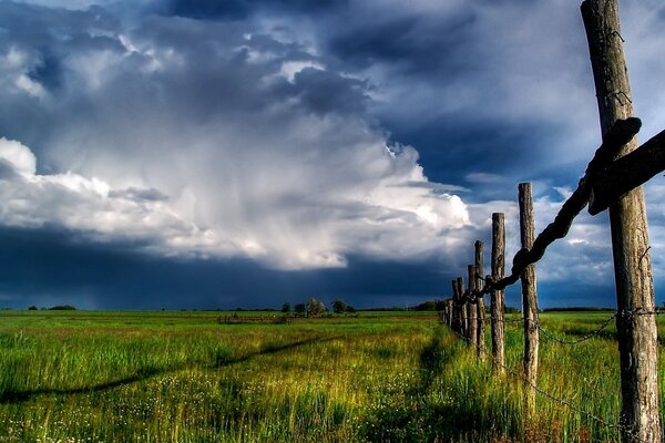 Fence on the background of a green field and sky