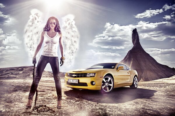 The girl is a fighting angel next to a yellow Chevrolet