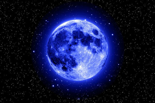 Blue Moon in space in the starry sky