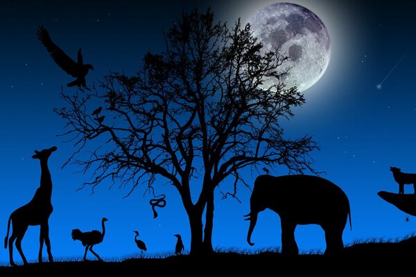 Animals stand next to a tree at night