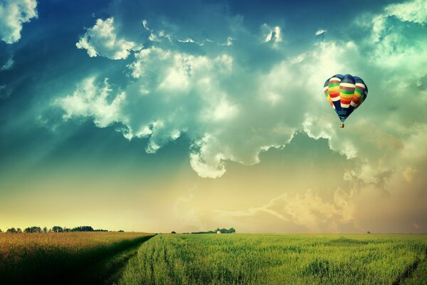 Hot air balloon travelers over the fields