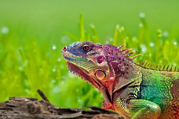 Multicolored lizard on a green background