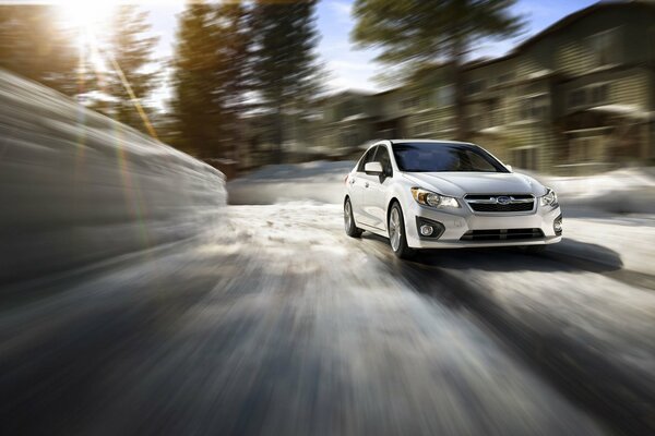 In pista, sullo sfondo della foresta, Subaru Impreza corre a tutta velocità
