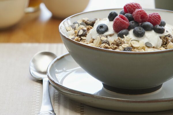 Muesli aux raisins secs aux framboises et aux bleuets