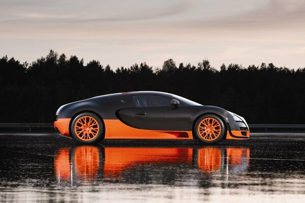 Schöner schwarz-orange Bugatti, veyron, super unterwegs