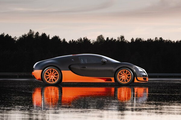 Красивый черно-оранжевый bugatti, veyron, супер на дороге