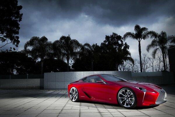 Lexus rojo en el fondo de un paisaje con palmeras