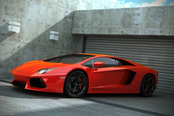 Red Lamborghini sports car on the background of roller gates