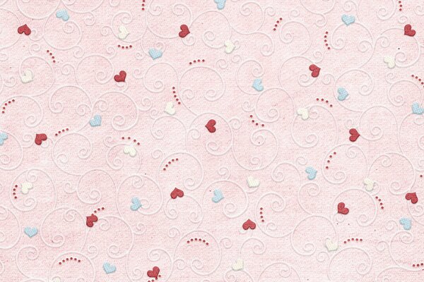 Red hearts with patterns on a pink background