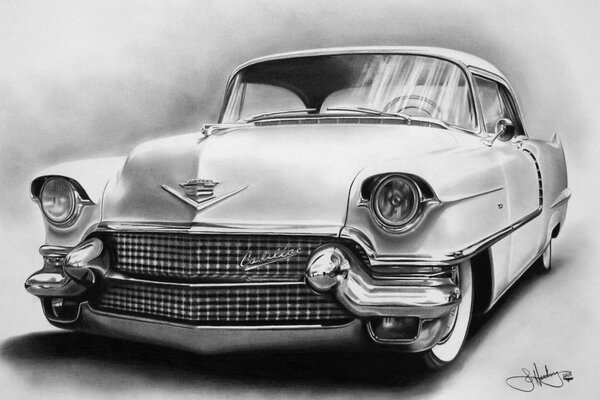 Black and white image of an old Cadillac