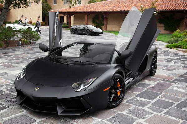 Super autocar Lamborghini noir portes ouvertes