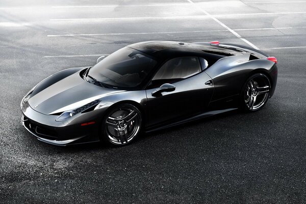 Black Ferrari 458 Supercar on asphalt side view