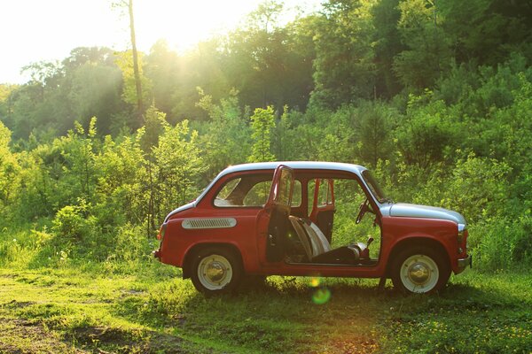 Retro car Zaporozhets in nature