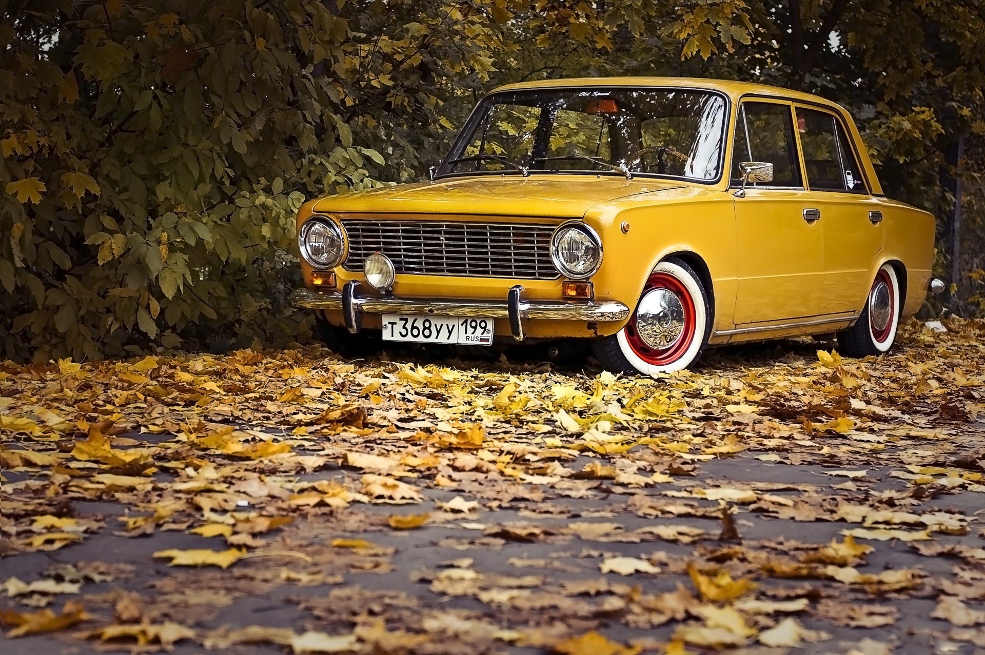 jarrones zhiguli auto clásico retro hojas otoño centavo carretera fondo de pantalla