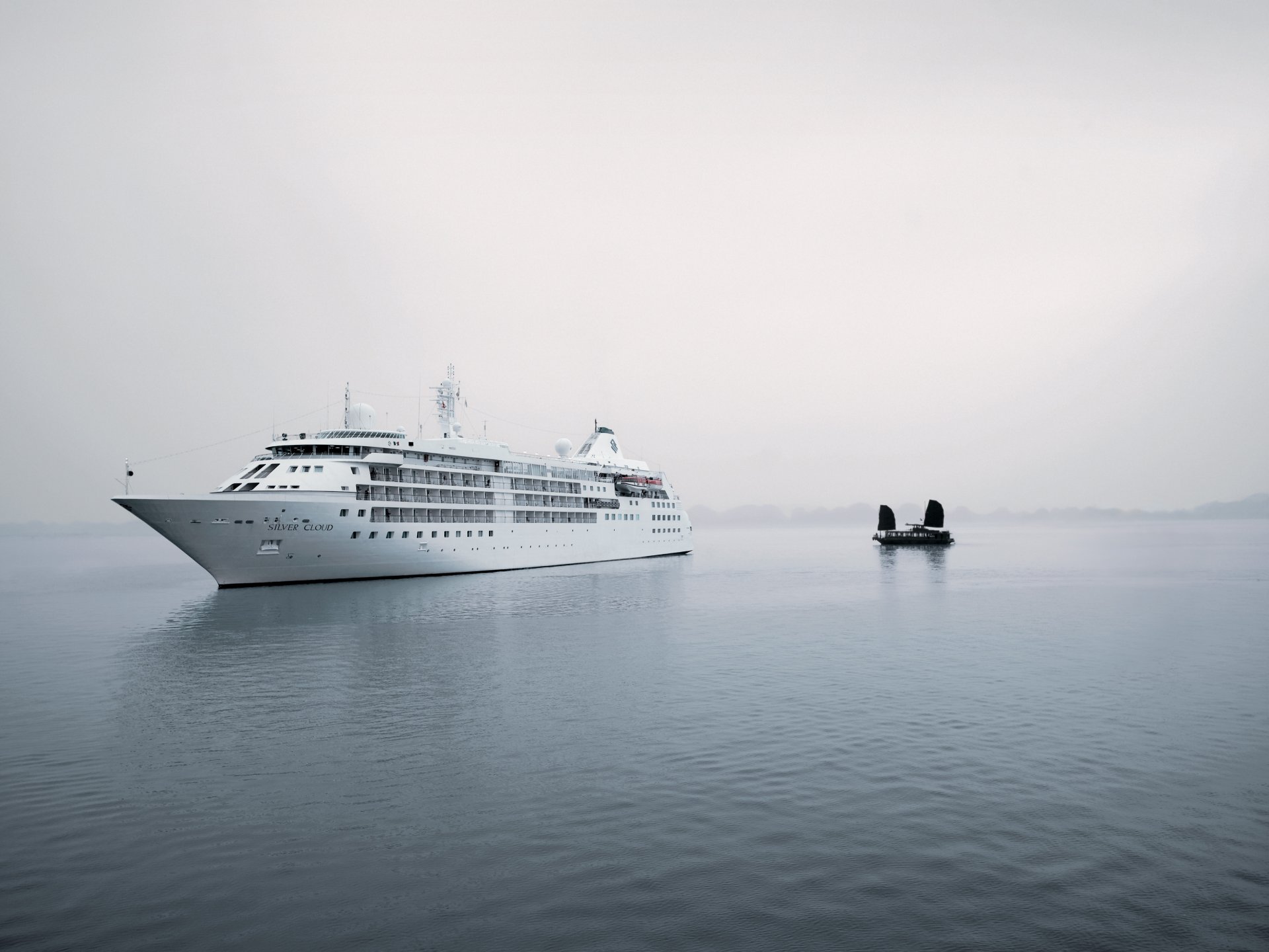 liner ship sailboats surface of silwer cloud silver cloud fog